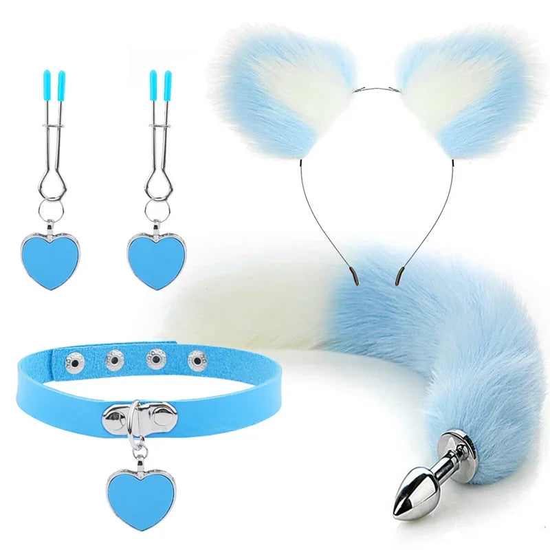 Anal Sex Toys Fox Tail Butt Plug Sexy Plush Cat Ear Headband With Bells Necklace Set Massage Sex toys For Women Couples Cosplay