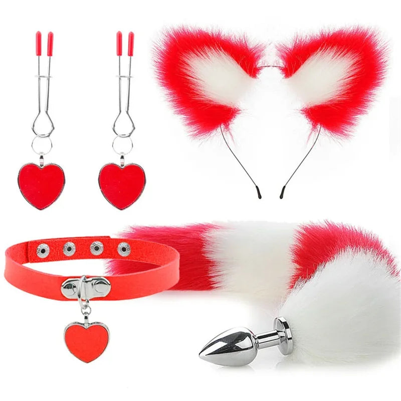 Anal Sex Toys Fox Tail Butt Plug Sexy Plush Cat Ear Headband With Bells Necklace Set Massage Sex toys For Women Couples Cosplay