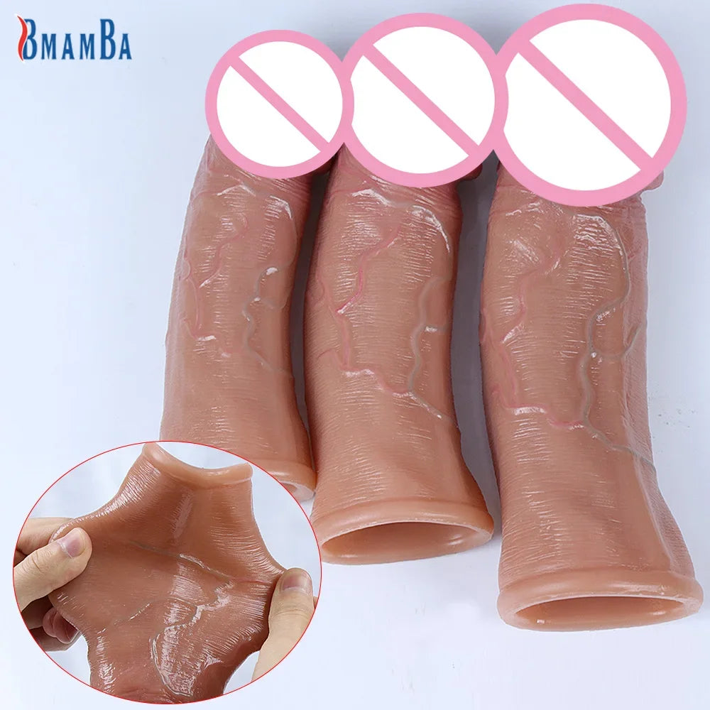 Skin Feeling Realistic Dildo Soft Silicone Material Enlarged Penis Extension Cock Adult Sex Toy Big Dick Condom Man Sexy Tool